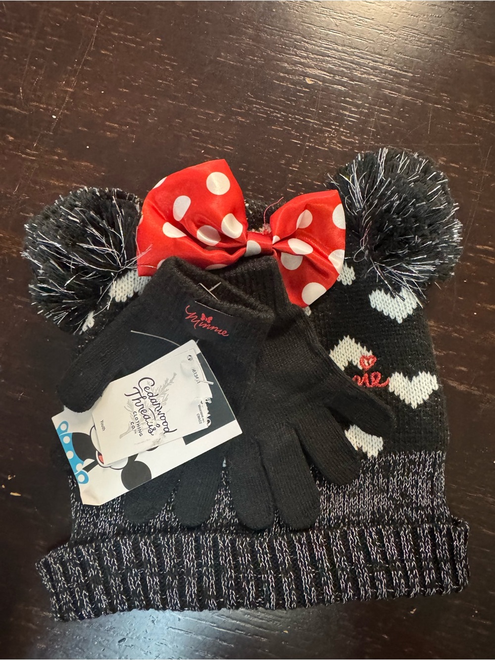 Black Kids Pom-Pom Beanie & Glove Set with Red Polka Dot Bow